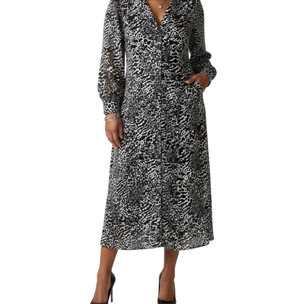 Michael‎ Kors Leopard Midi Dress XS Chiffon Black White Mob Wife Vacation Glam